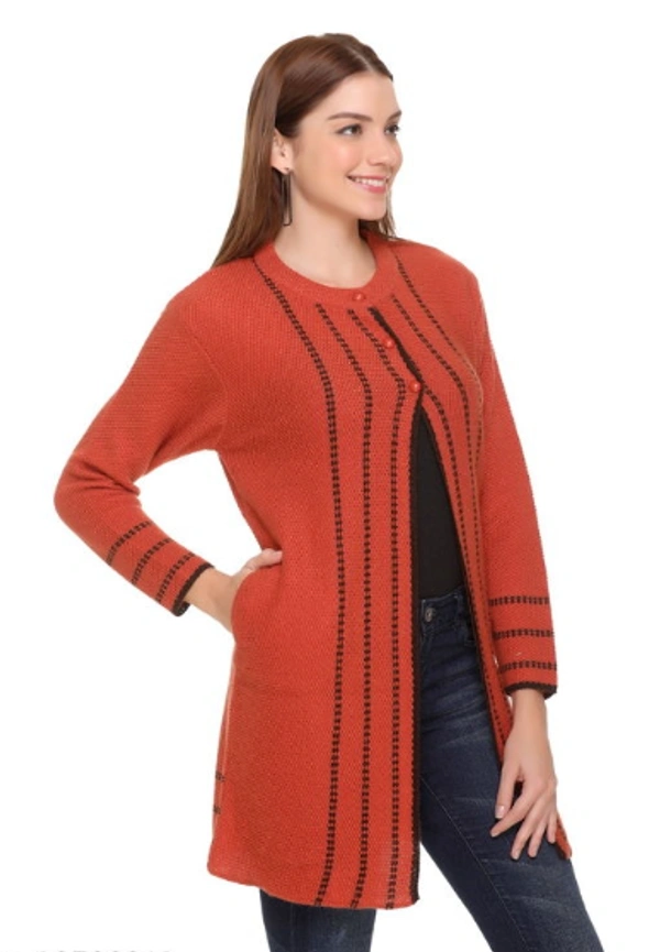 CLAPTON Women Round Neck Rust Full Sleeve With Pocket Wool Cardigan (Outer Long) - M, Rust, Wool, Pack of1